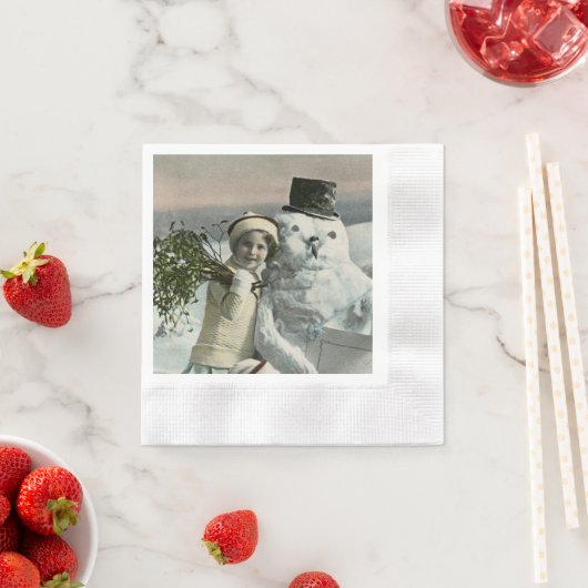 ヴィンテージクリスマス小さな女の子付き雪だるま 縁ありカクテルナプキン (インサイチュ)