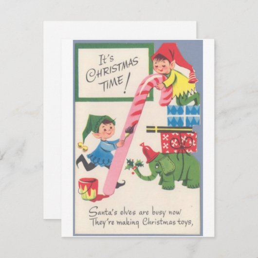 ヴィンテージクリスマス小妖精や小人のおもちゃ作り シーズンカード (正面/裏面)