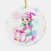 ヴィンテージクリスマス小妖精や小人ガールインピンク セラミックオーナメント (正面)