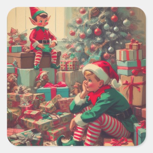 ヴィンテージクリスマス小妖精や小人レトロホリデイ スクエアシール (正面)