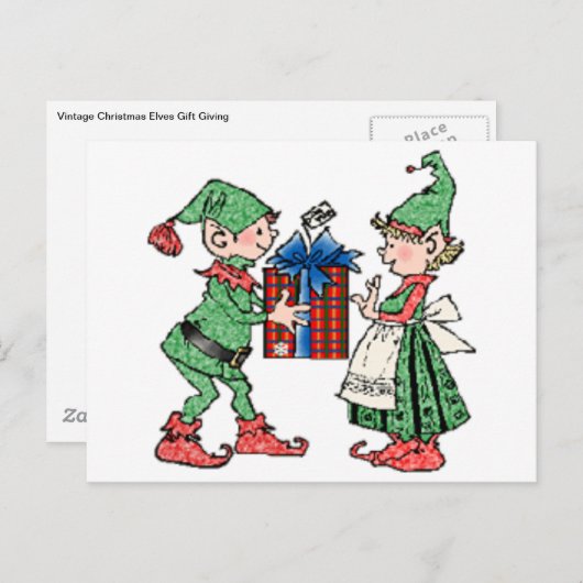 ヴィンテージクリスマス小妖精や小人与えギフト シーズンポストカード (正面/裏面)