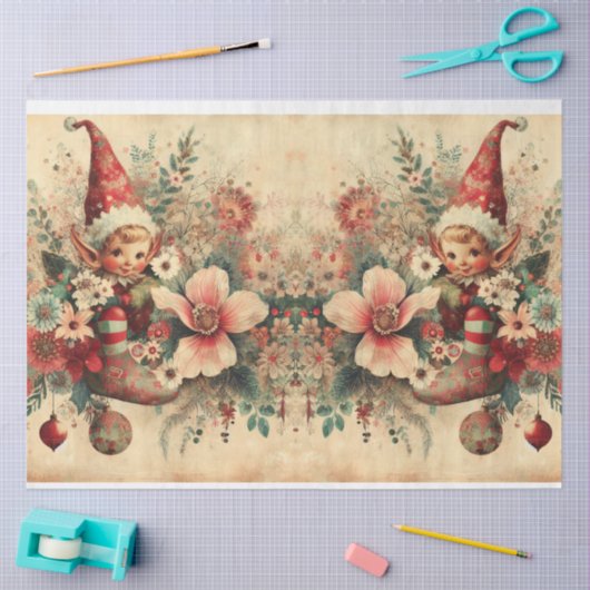 ヴィンテージクリスマス小妖精や小人&花模様デクページ 薄葉紙 (クラフト)