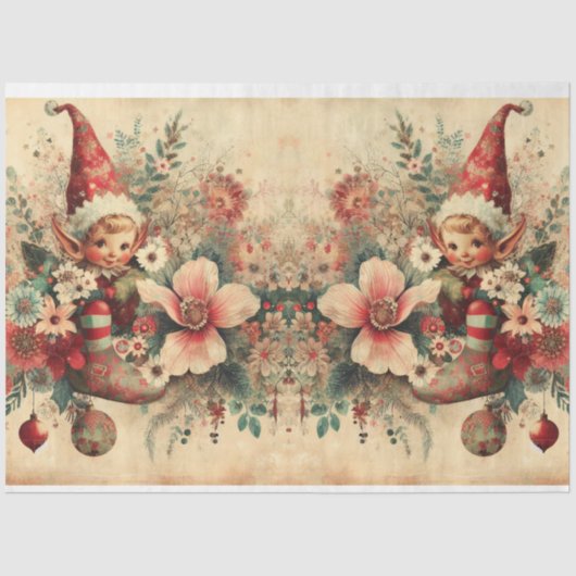 ヴィンテージクリスマス小妖精や小人&花模様デクページ 薄葉紙 (正面)
