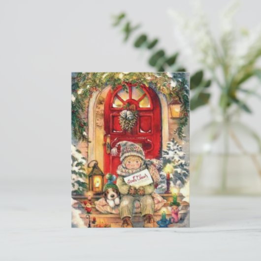 ヴィンテージクリスマス少年と犬 シーズンポストカード (スタンド正面)