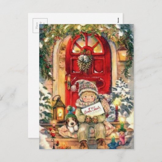 ヴィンテージクリスマス少年と犬 シーズンポストカード (正面/裏面)