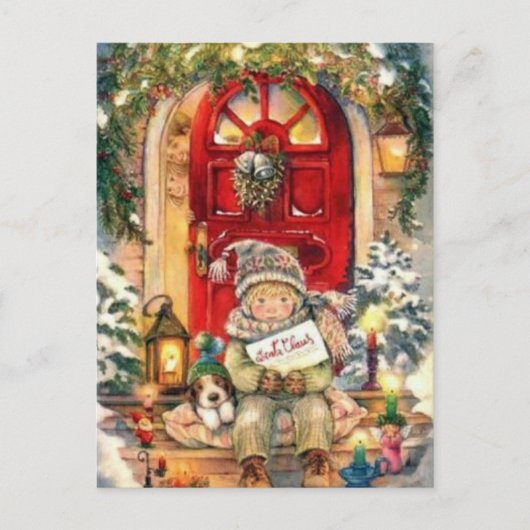 ヴィンテージクリスマス少年と犬 シーズンポストカード (正面)