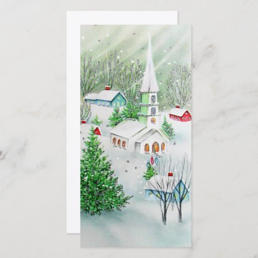 ヴィンテージクリスマス教会の冬のシーン シーズンカード (正面/裏面)
