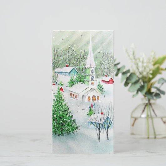 ヴィンテージクリスマス教会の冬のシーン シーズンカード (スタンド正面)