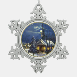 ヴィンテージクリスマス教会 スノーフレークピューターオーナメント