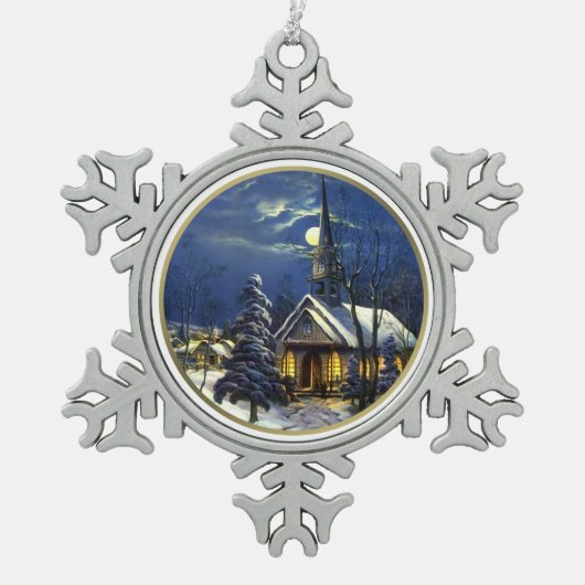 ヴィンテージクリスマス教会 スノーフレークピューターオーナメント (正面)