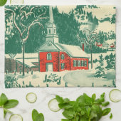 ヴィンテージクリスマス教会、冬の雪景色 キッチンタオル (折り畳み)