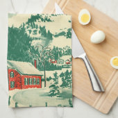 ヴィンテージクリスマス教会、冬の雪景色 キッチンタオル (四つ折り)