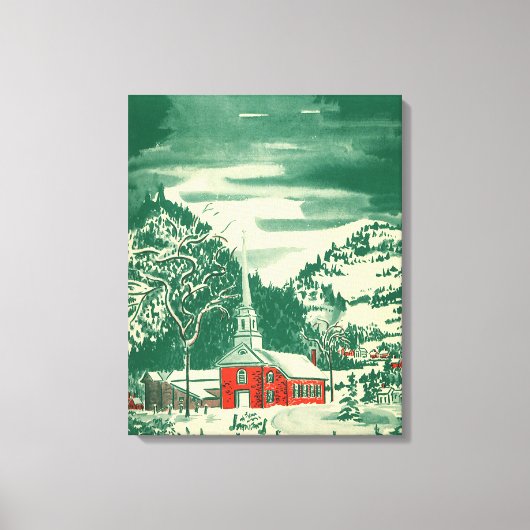 ヴィンテージクリスマス教会、冬の雪景色 キャンバスプリント (正面)