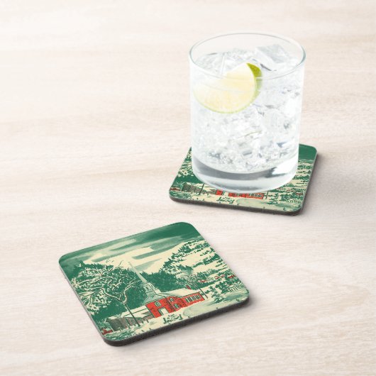 ヴィンテージクリスマス教会、冬の雪景色 コースター (右側)