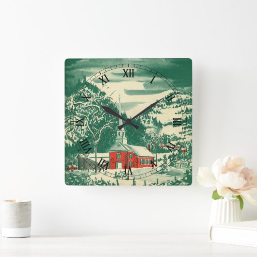 ヴィンテージクリスマス教会、冬の雪景色 スクエア壁時計 (ホーム)