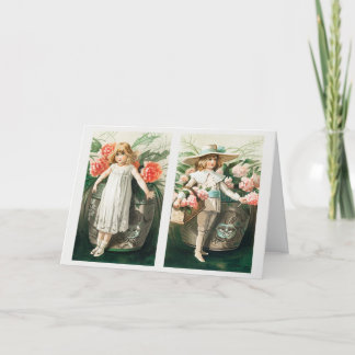 ヴィンテージクリスマス新年の若い女の子と花 シーズンカード
