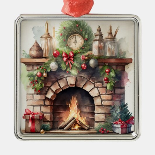 ヴィンテージクリスマス暖炉と装飾品 メタルオーナメント (正面)