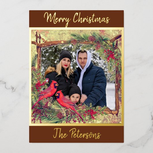 ヴィンテージクリスマス深紅色の写真フレームの箔 箔シーズンカード (正面)