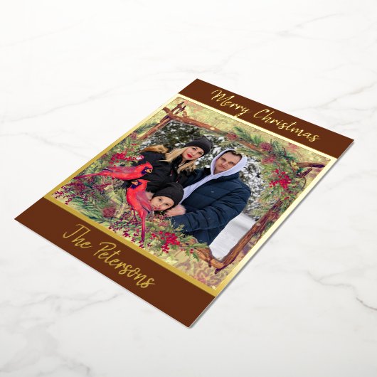 ヴィンテージクリスマス深紅色の写真フレームの箔 箔シーズンカード (回転した状態)