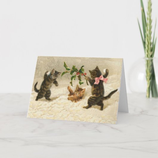 ヴィンテージクリスマス漫画猫の猫の雪合戦 シーズンカード (正面)