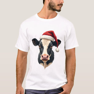 ヴィンテージクリスマス牛の頭にサンタ帽をかぶったファームアニマル Tシャツ