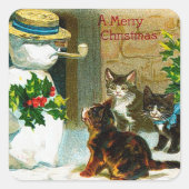 ヴィンテージクリスマス猫と雪だるまホリデーシール スクエアシール (正面)