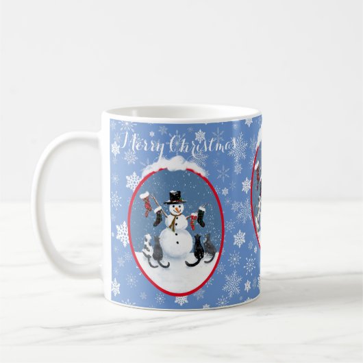 ヴィンテージクリスマス猫と雪だるま おもしろい コーヒーマグカップ (左)