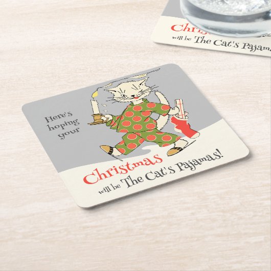 ヴィンテージクリスマス猫のパジャマCC1273 おもしろい スクエアペーパーコースター (アングル)