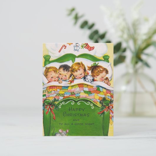ヴィンテージクリスマス眠っている子供たち休日はがき シーズンポストカード (スタンド正面)
