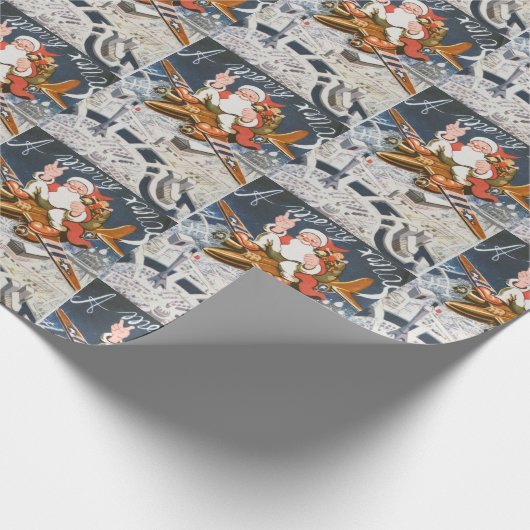 ヴィンテージクリスマス第2次世界大戦サンタオン飛行機 ラッピングペーパー (角)