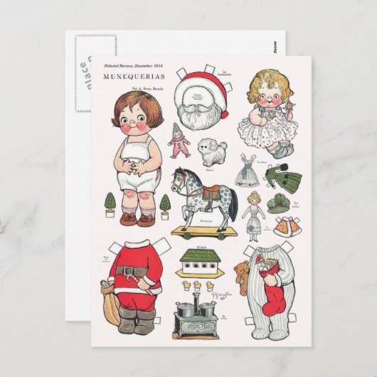 ヴィンテージクリスマス紙人形の再生はがき シーズンポストカード (正面/裏面)