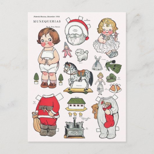 ヴィンテージクリスマス紙人形の再生はがき シーズンポストカード (正面)