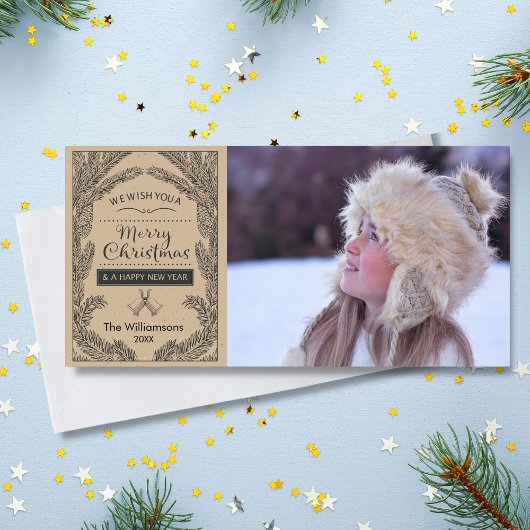 ヴィンテージクリスマス素朴パインブランチホリデーフォト シーズンカード