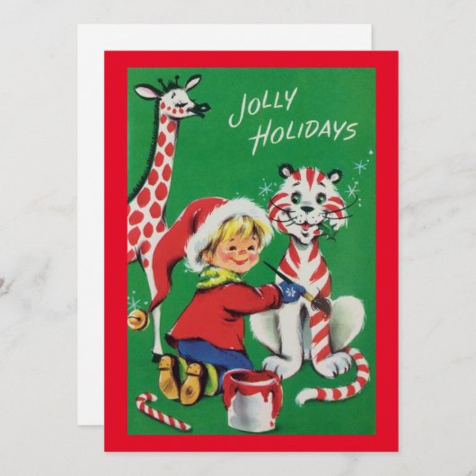 ヴィンテージクリスマス絵画ガール動物園の動物 シーズンカード (正面/裏面)