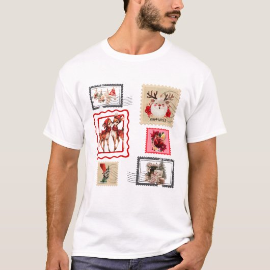 ヴィンテージクリスマス郵便切手コラージュデザイン Tシャツ (正面)