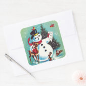 ヴィンテージクリスマス雪だるまが動物たちと戯れる スクエアシール (封筒)