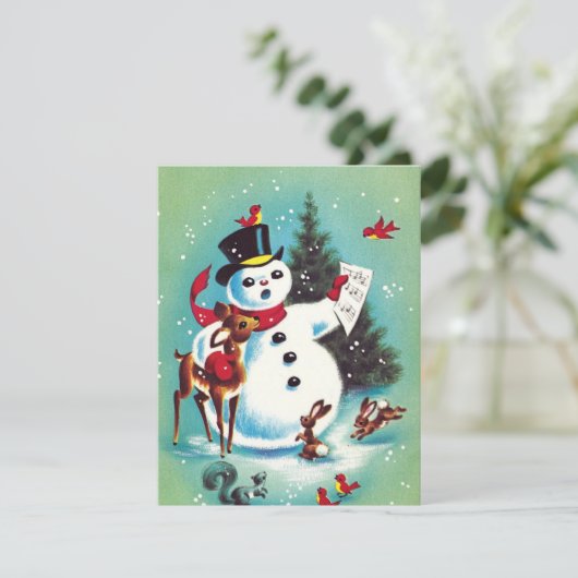 ヴィンテージクリスマス雪だるまが動物に歌う シーズンカード (スタンド正面)
