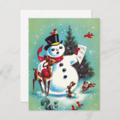ヴィンテージクリスマス雪だるまが動物に歌う シーズンカード (正面/裏面)