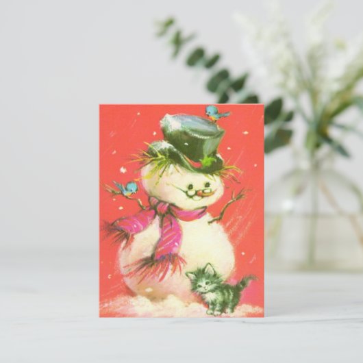 ヴィンテージクリスマス雪だるまと子猫 シーズンカード (スタンド正面)
