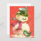 ヴィンテージクリスマス雪だるまと子猫 シーズンカード (正面/裏面)