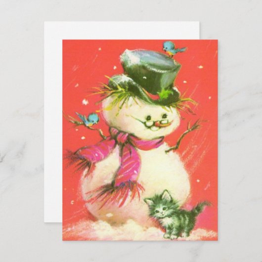 ヴィンテージクリスマス雪だるまと子猫 シーズンカード (正面/裏面)