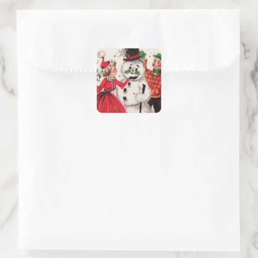 ヴィンテージクリスマス雪だるまと家族 スクエアシール (バッグ)