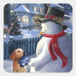 ヴィンテージクリスマス雪だるまと犬 スクエアシール
