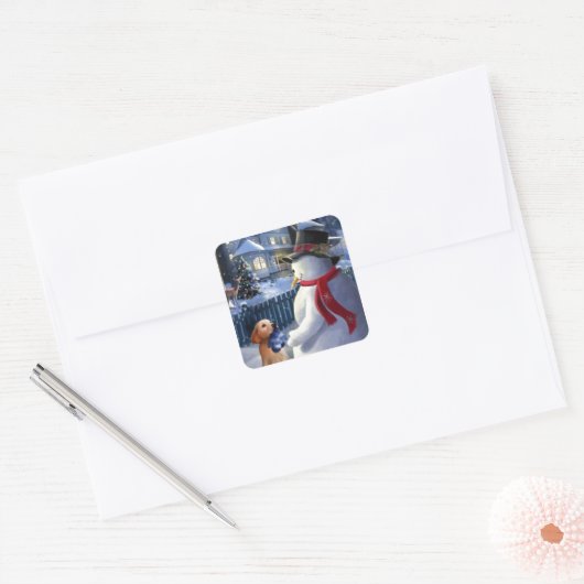 ヴィンテージクリスマス雪だるまと犬 スクエアシール (封筒)