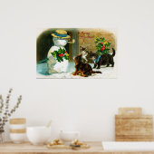 ヴィンテージクリスマス雪だるまと猫のデコールポスター ポスター (キッチン)
