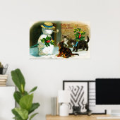 ヴィンテージクリスマス雪だるまと猫のデコールポスター ポスター (ホームオフィス)