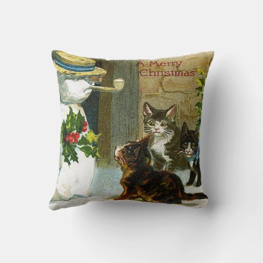 ヴィンテージクリスマス雪だるまと猫枕 クッション (裏面)