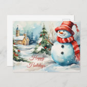 ヴィンテージクリスマス雪だるまイラストレーション シーズンポストカード (正面/裏面)