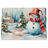 ヴィンテージクリスマス雪だるまイラストレーション ラージペーパーバッグ (正面)