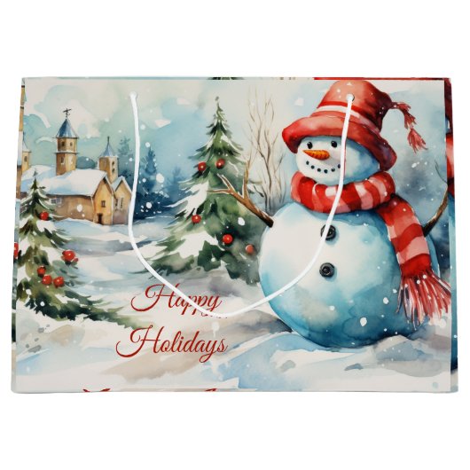 ヴィンテージクリスマス雪だるまイラストレーション ラージペーパーバッグ (正面)